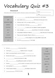 English Worksheet: Vocabulary Quiz #3 (Elementary B)