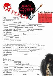 English Worksheet: ALICE COOPER - POISON song with lyrics and link of the youtube video (color and B&W) 