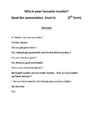 English Worksheet: Who is your favourite teacher? (converation) 7th form