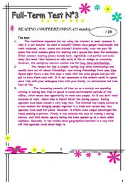 English Worksheet: 3rd form Comprehensive Test n3