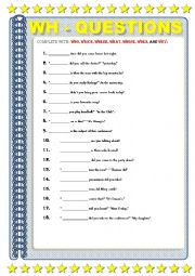English Worksheet: wh - questions - gap filling