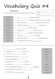 English Worksheet: Vocabulary Quiz #4 (Elementary B)