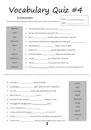 English Worksheet: Vocabulary Quiz #4 (Pre-Intermediate)