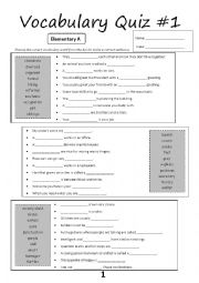 English Worksheet: Vocabulary Quiz #1 (Elementary A)