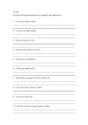 English Worksheet: to be sentences (present simple negative and questions)