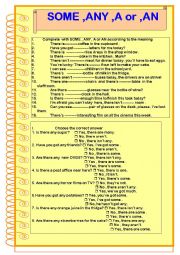 English Worksheet: Some ,any  ,a or an