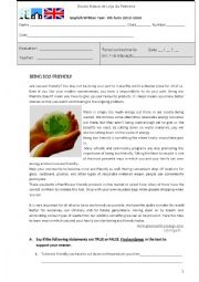 English Worksheet: Test- Being Ecofriendly