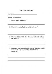 English Worksheet: The Little Red Hen Comprehension Questions