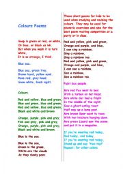 English Worksheet: COLOURS POEMS 2 + A Game 