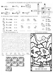 English Worksheet: Revision Colours, Numbers and School Objects