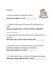 English Worksheet: Maths Problems in Words : Simple addition