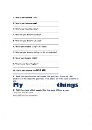 English Worksheet: My Favourite Things