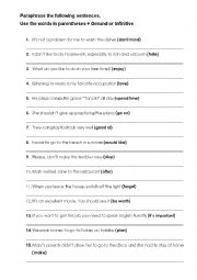 English Worksheet: Infinitive and Gerund Paraphrasing