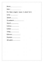 English Worksheet: singular & plural