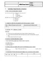 English Worksheet: mid term test 3 9th form