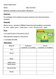 English Worksheet: electrical conductors and insulators 