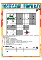 English Worksheet: Logic Game No. 13 - BIRTHDAY