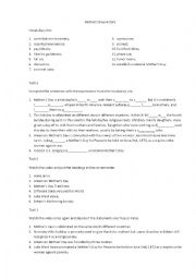 English Worksheet: Mothers Day History and Origions. Video Worksheet.