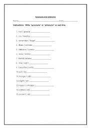 English Worksheet: Synonyms, Antonyms