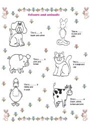 English Worksheet: Colours and animals-complete,read and colour