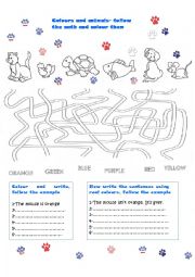 English Worksheet: Colours and animals-follow the path and colour them