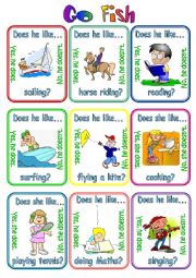 English Worksheet: Go fish - Does (s)he like ...? (1/2)