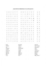 English Worksheet: ADJECTIVES; PERSONALITY & APPEARANCE WORDSEARCH