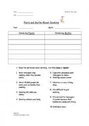 English Worksheet: Basic Facts and Myths of Smoking