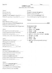 English Worksheet: lyrics cloze- lucky