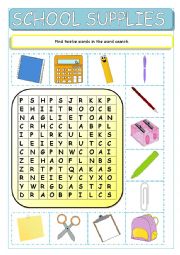 English Worksheet: School Supplies Wordsearch