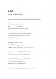 English Worksheet: Honor to Us All Lyrics  - MULAN
