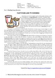 English Worksheet: Reading worksheet: Fast Food and TV Dinners