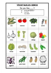 English Worksheet: Vegetables Bingo - Interview each other: Do you like~? 