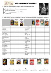 English Worksheet: Video/Listening Comprehension - Top 7 Hitchcock Movies (+key)