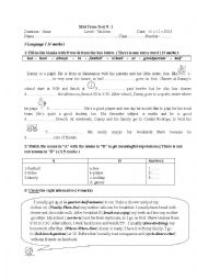 English Worksheet: 7th form mid -term test N:1