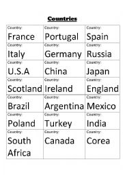 English Worksheet: Countries Board Game
