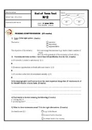 English Worksheet: end of term test n=2 for bac pupils