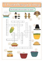 English Worksheet: Thanksgiving Crossword