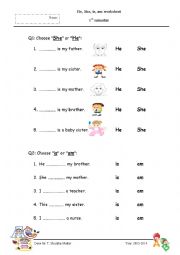 English Worksheet: he, she, is, am worksheet