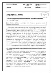 English Worksheet: Mid - term test 2 for bac pupils 2014