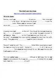 English Worksheet: Aesops fable The Wolf and The Crane blankfilling videolink listening and keys