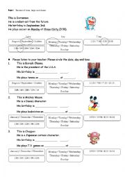 English Worksheet: Review: dates, days, time (beginner)