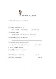 English Worksheet: Mr Bean Cartoon No Pets Comprehension Activity
