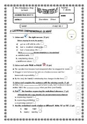 English Worksheet: Mid-term test 1  Tunisian 9th form sts