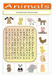 English Worksheet: Animals Wordsearch