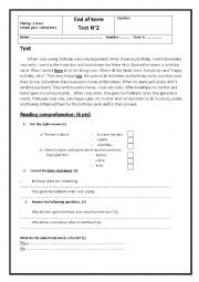 English Worksheet: end of term test n=2 for 8th form 2014
