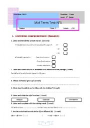 English Worksheet: 1 st form (First)  Mid-Term Test 1 (Tunisia) 