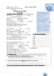 English Worksheet: Bob Dylan - Blowin in the wind - Song Worksheet 
