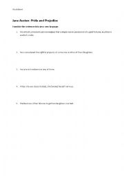 English Worksheet: Pride and Prejudice chapter one worksheet