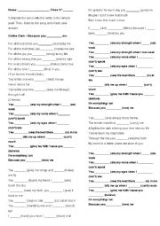 English Worksheet: Songs- Because you loved me (Celine Dion) / I was here (Beyonce)